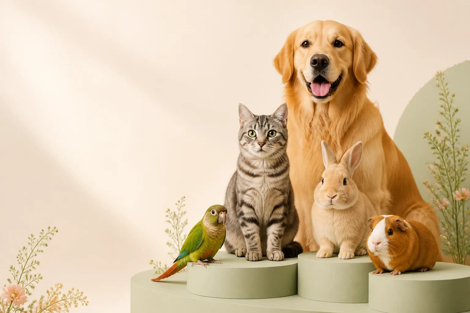 A golden retriever, cat, rabbit, parrot, and guinea pig posing together